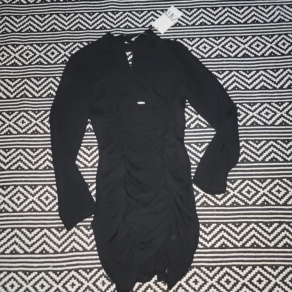Zara Black Cocktail Dress with Bell Sleeves and Mock Neck